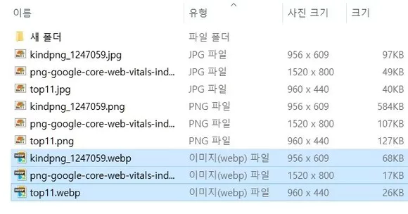 원본 PNG 이미지와 변환 후 JPG, WEBP 이미지 파일 크기 비교