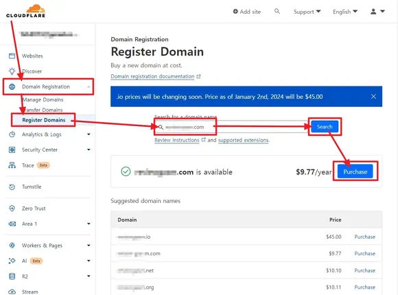 register domains 페이지에서 클라우드플레어 도메인 구매